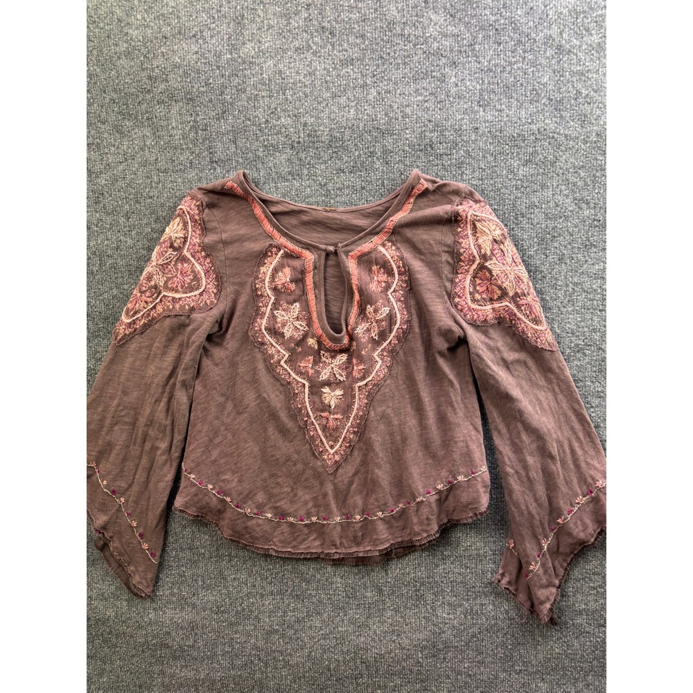 Free People Embroidered Top Womens XS Brown Long Sleeve Boho Blouse 68050